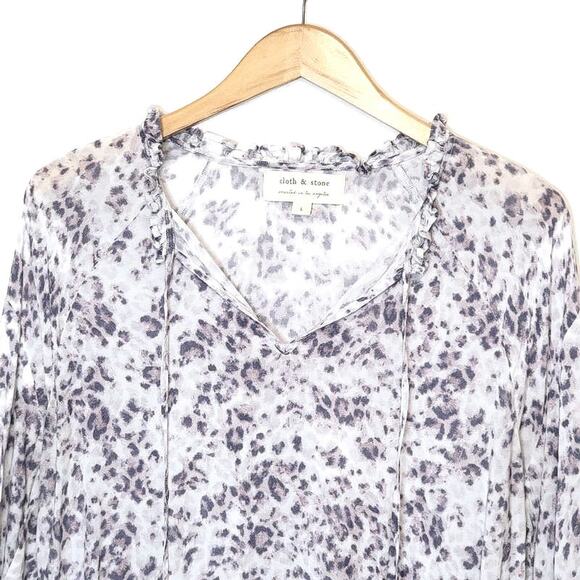Cloth & Stone Leopard Print Blouse V-Neck Tie Neck Long Sleeve Workwear Chic L - Picture 5 of 15